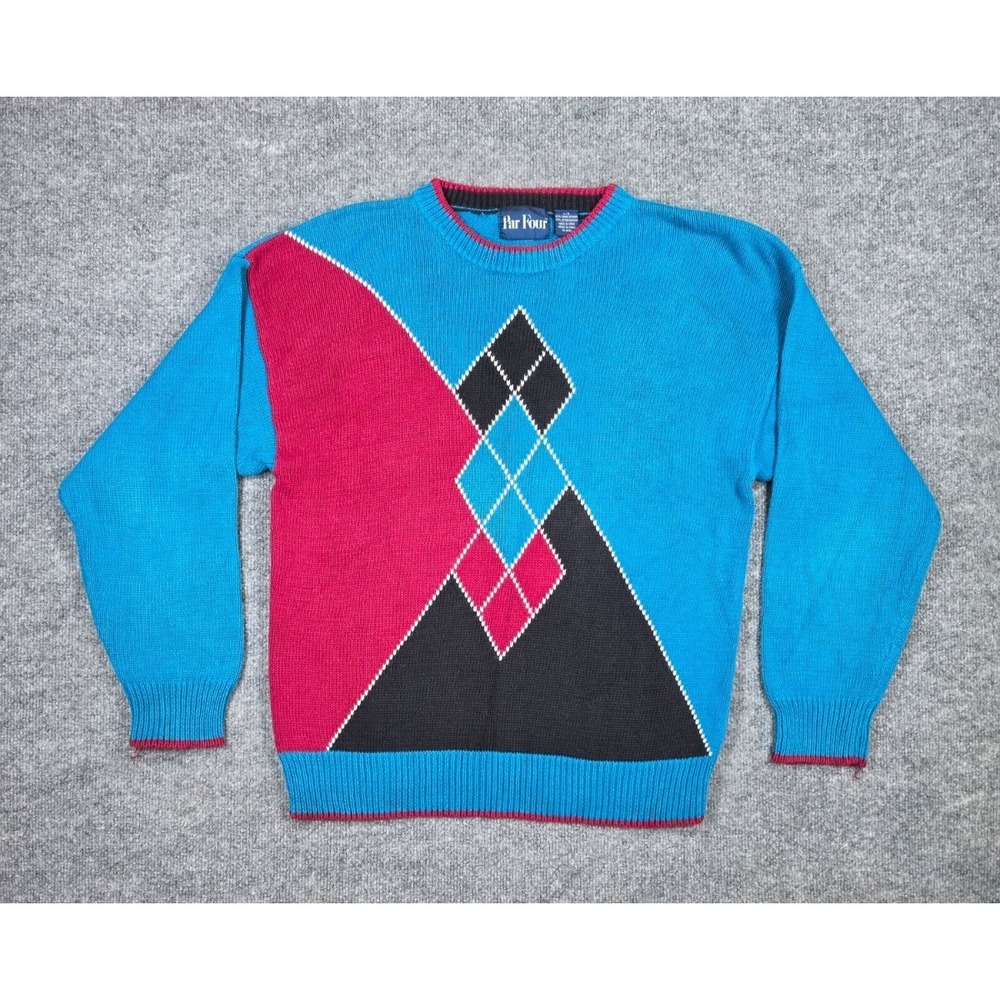 Par Four Argyle Color Blocked Argyle Diamond Sweater Size XL Navy Red Vintage